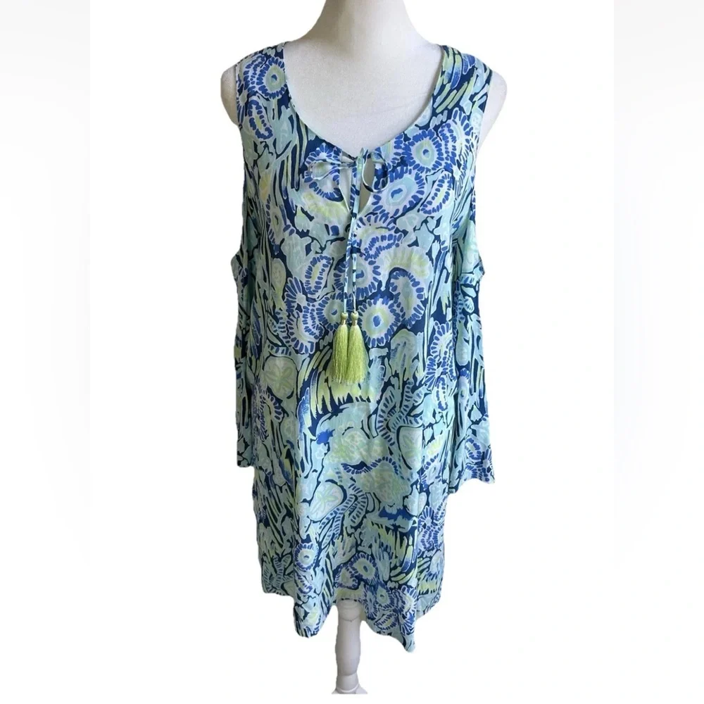 Lilly Pulitzer Cold Shoulder Dress Sz Small Tasseled Airy Blue Green EUC - Picture 3 of 12